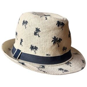 Palm Tree Patterned Fedora Hat woven navy and cream
